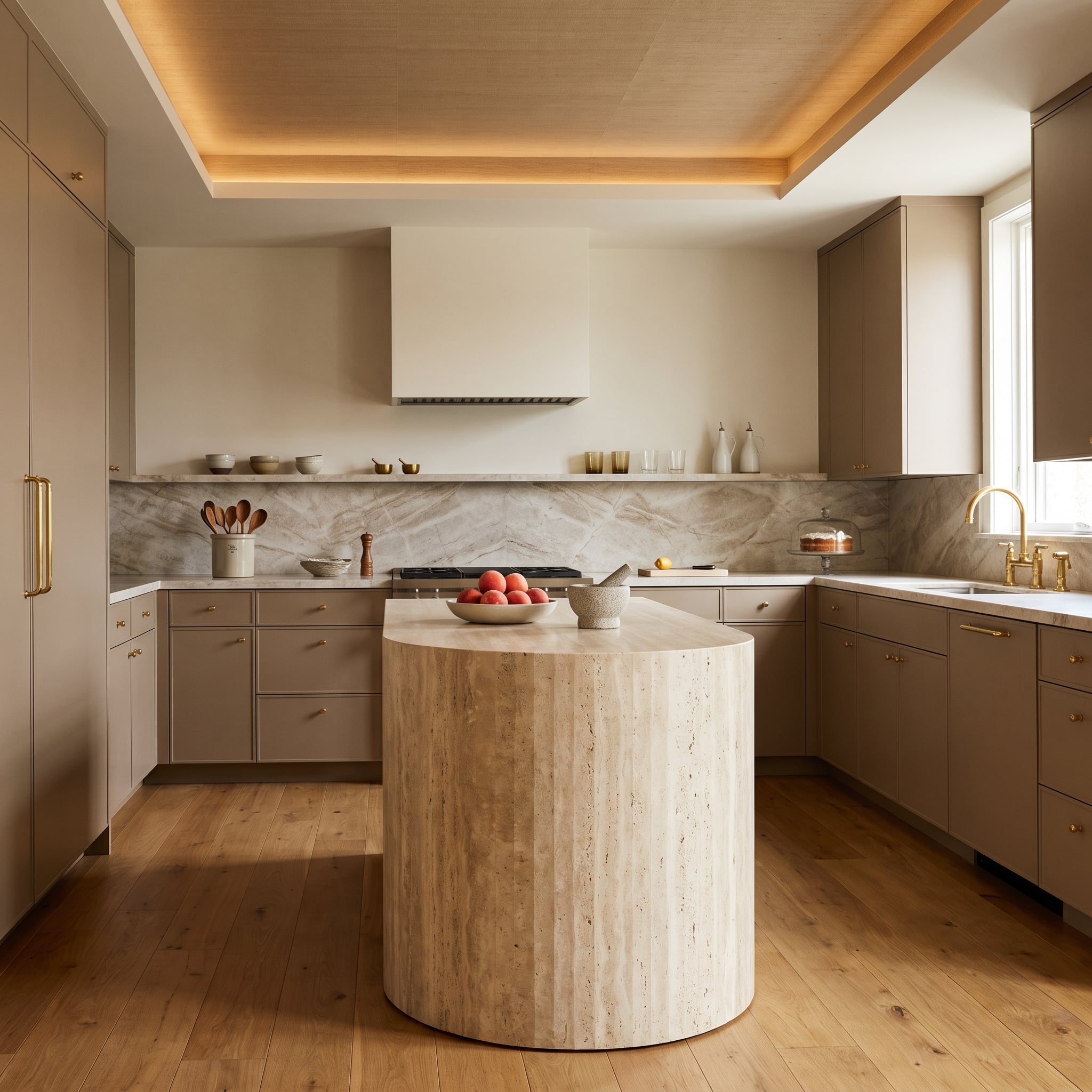 Greige kitchen with cylindrical travertine island, marble backsplash, brass hardware, and single open shelf