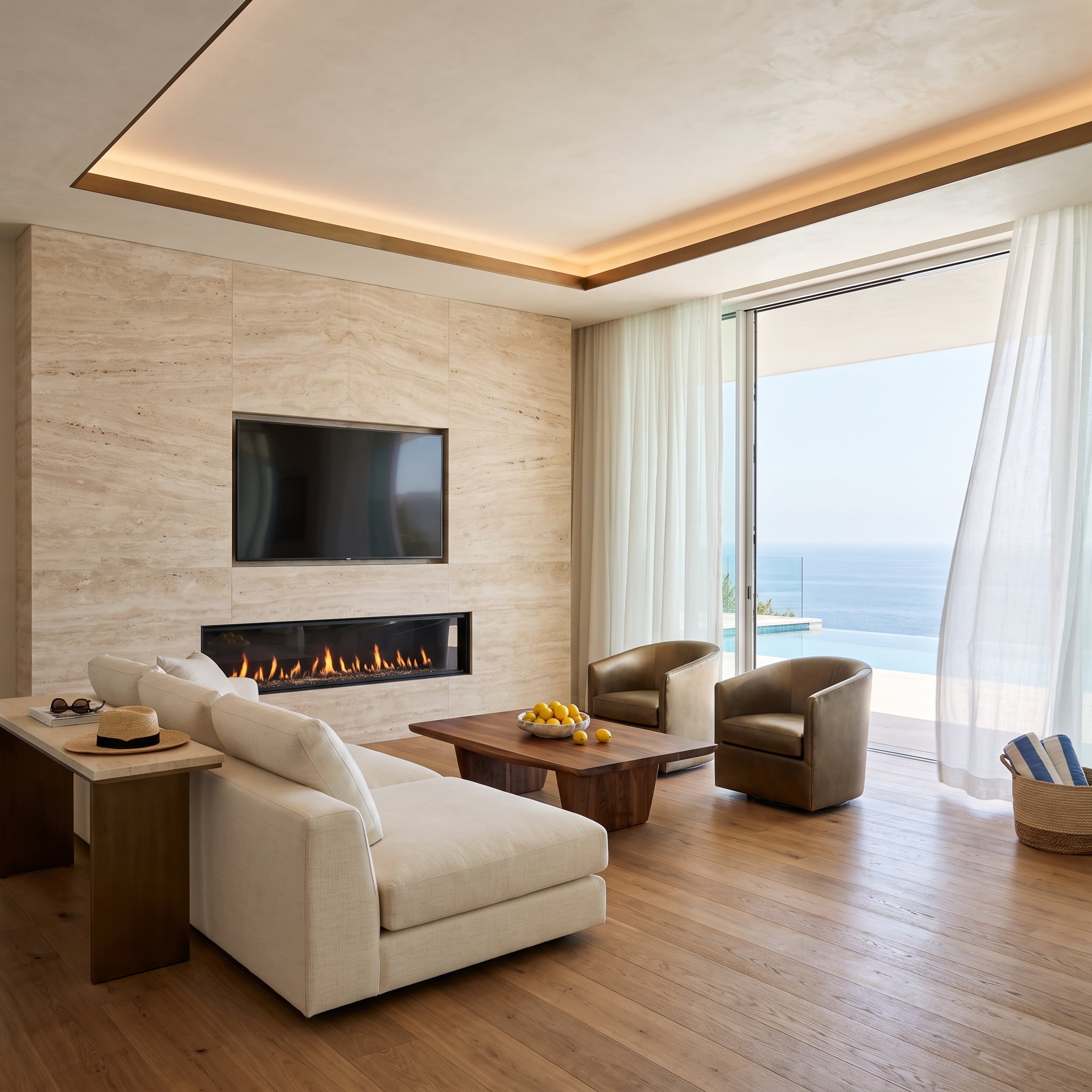 Contemporary coastal living room with travertine fireplace wall, television above linear gas fire, olive leather swivel chairs, and infinity pool
