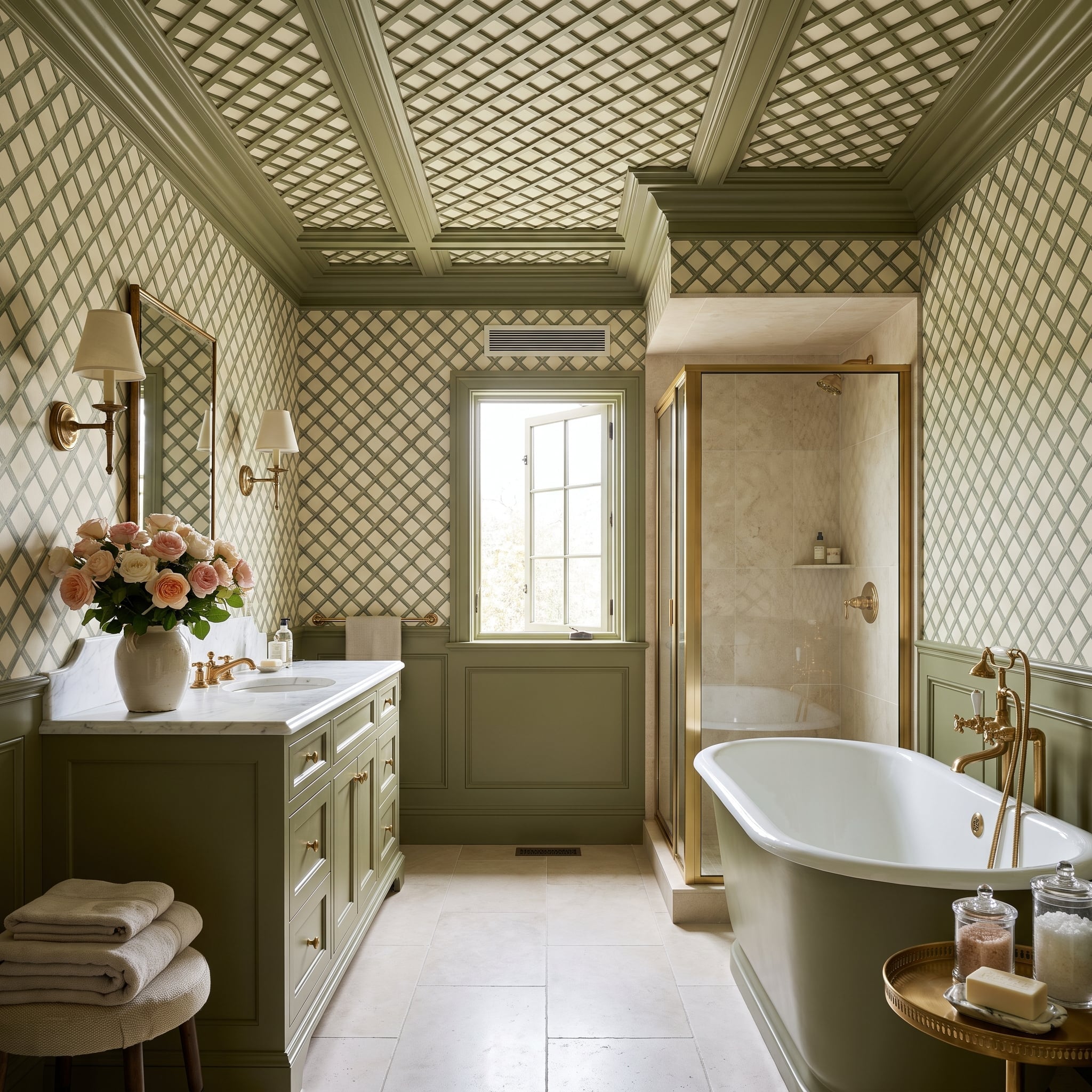 Trellis Wallpaper Ceiling, Sage Vanity, and a Bathroom That Went All the Way