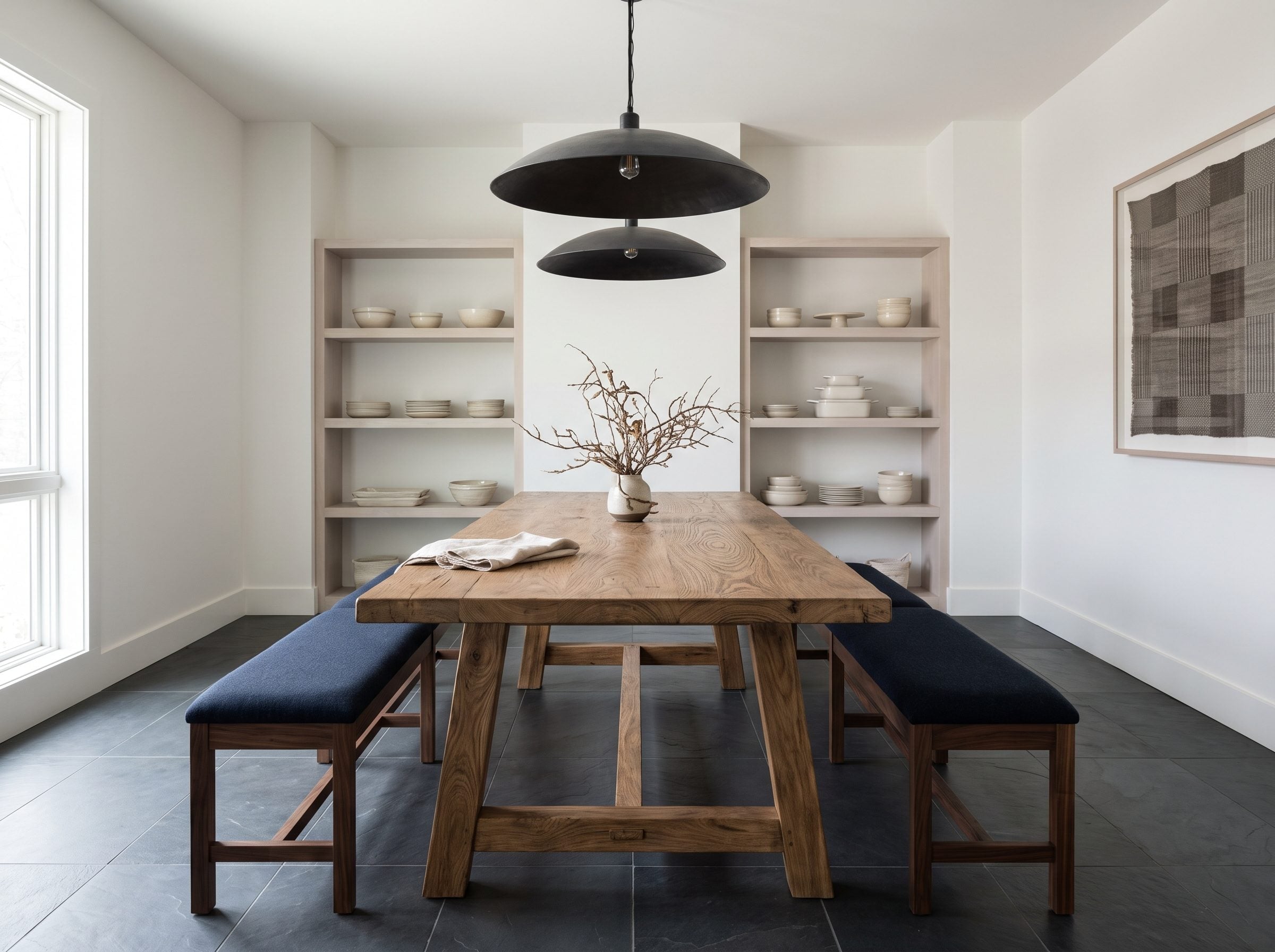 Dining room with figured elm trestle table, navy benches, slate floor, and pale built-in cabinetry