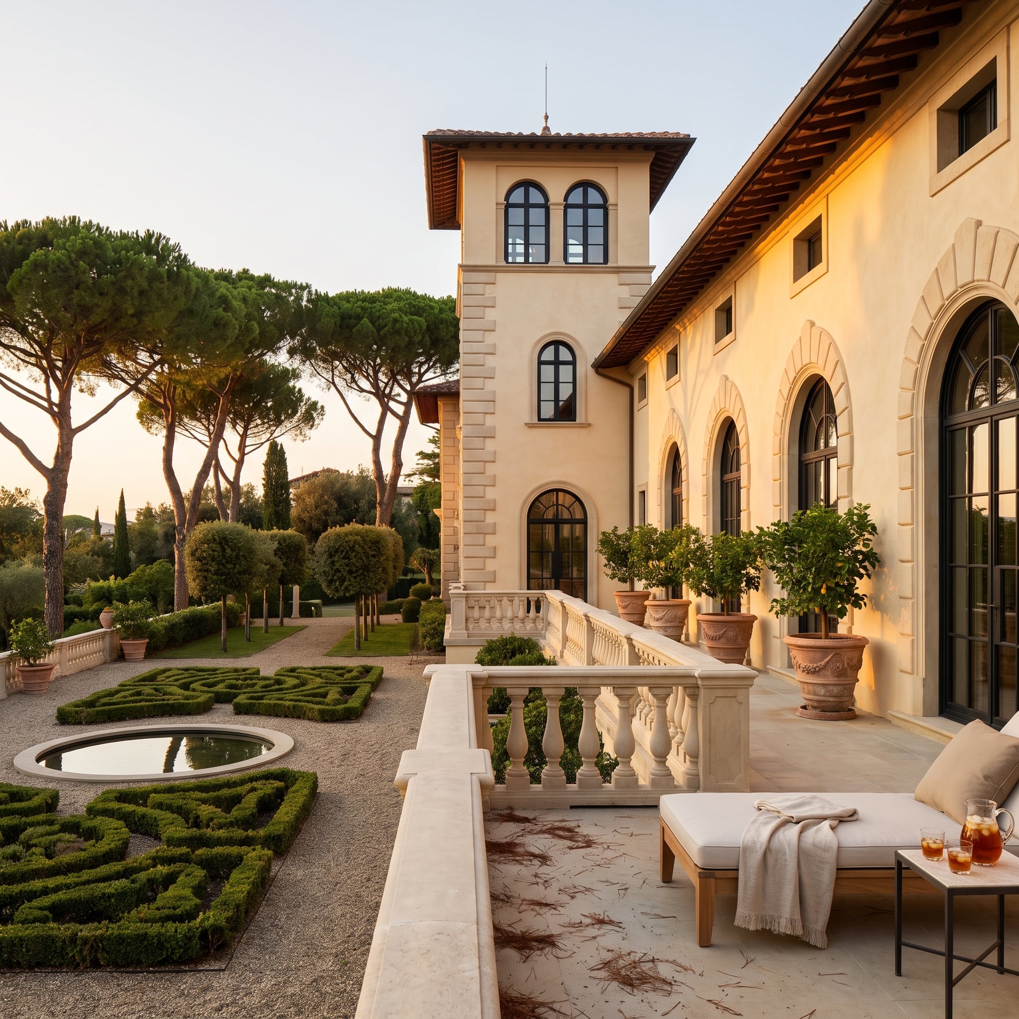 Tuscan-inspired residence with tower, terracotta roof, formal garden and dark arched windows