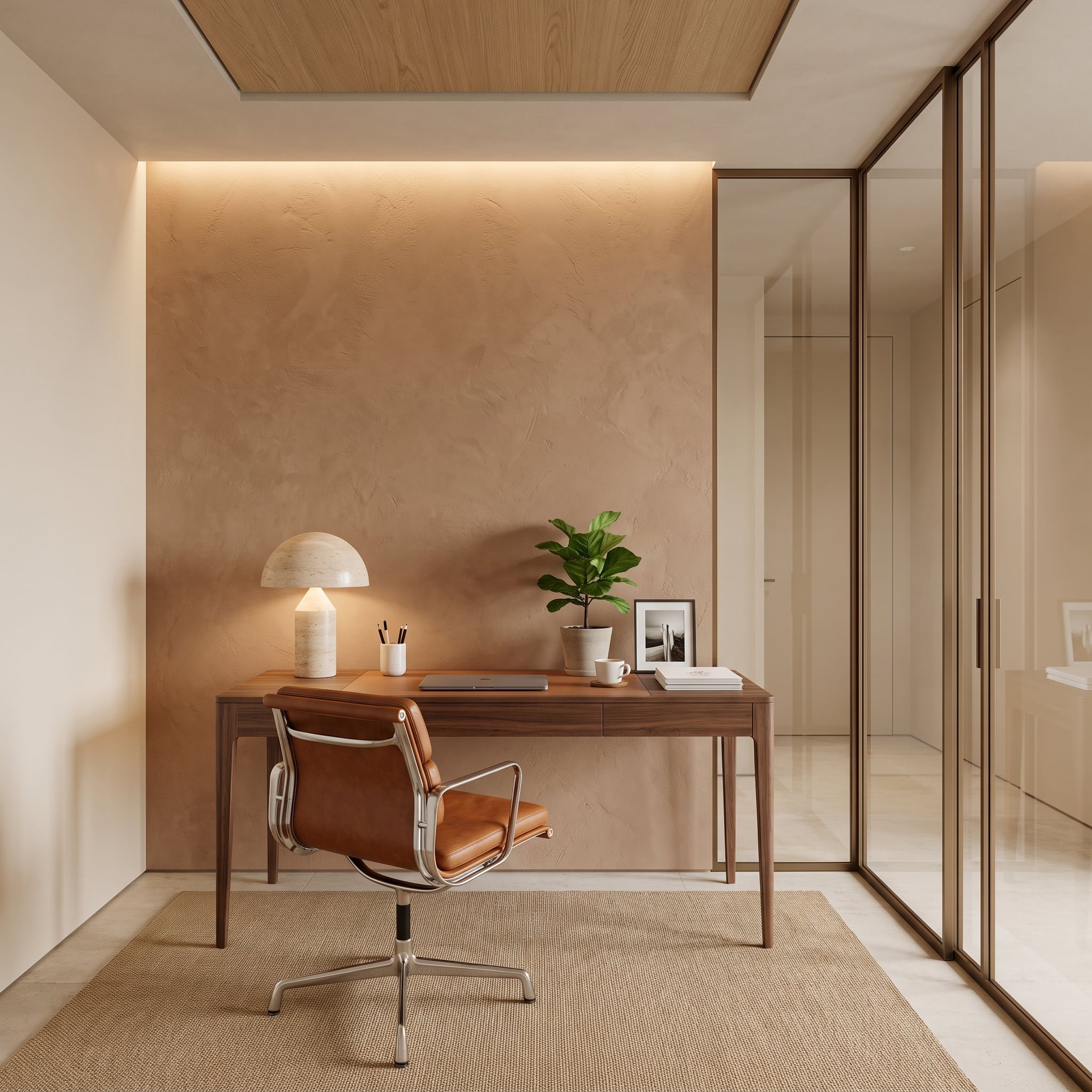 Dusty terracotta Venetian plaster home office wall with walnut desk and cognac leather chair