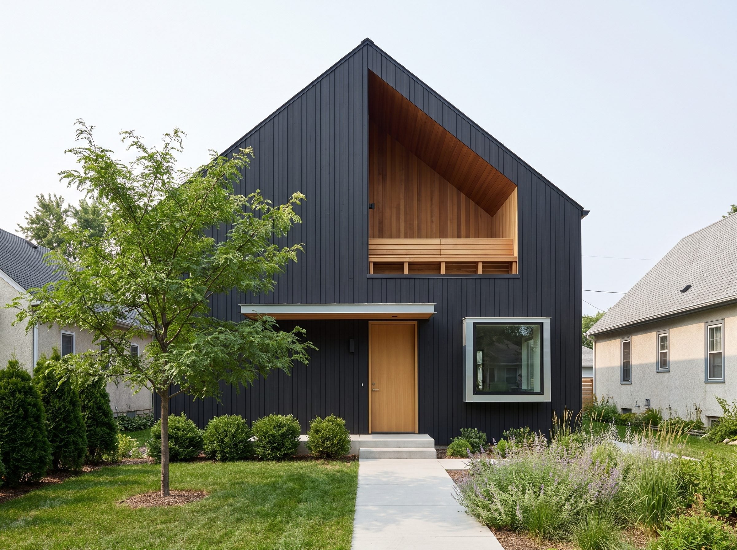 Two-story black board-and-batten house with a recessed cedar-lined upper outdoor space