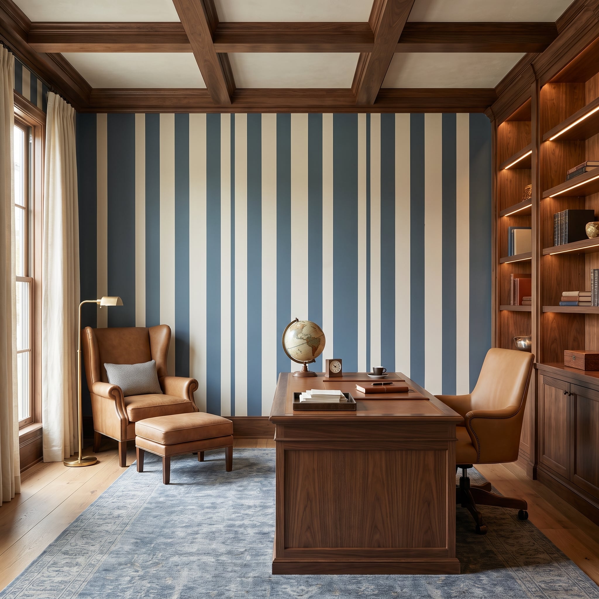 Slate-blue and cream striped study accent wall with walnut desk and leather wingback chair