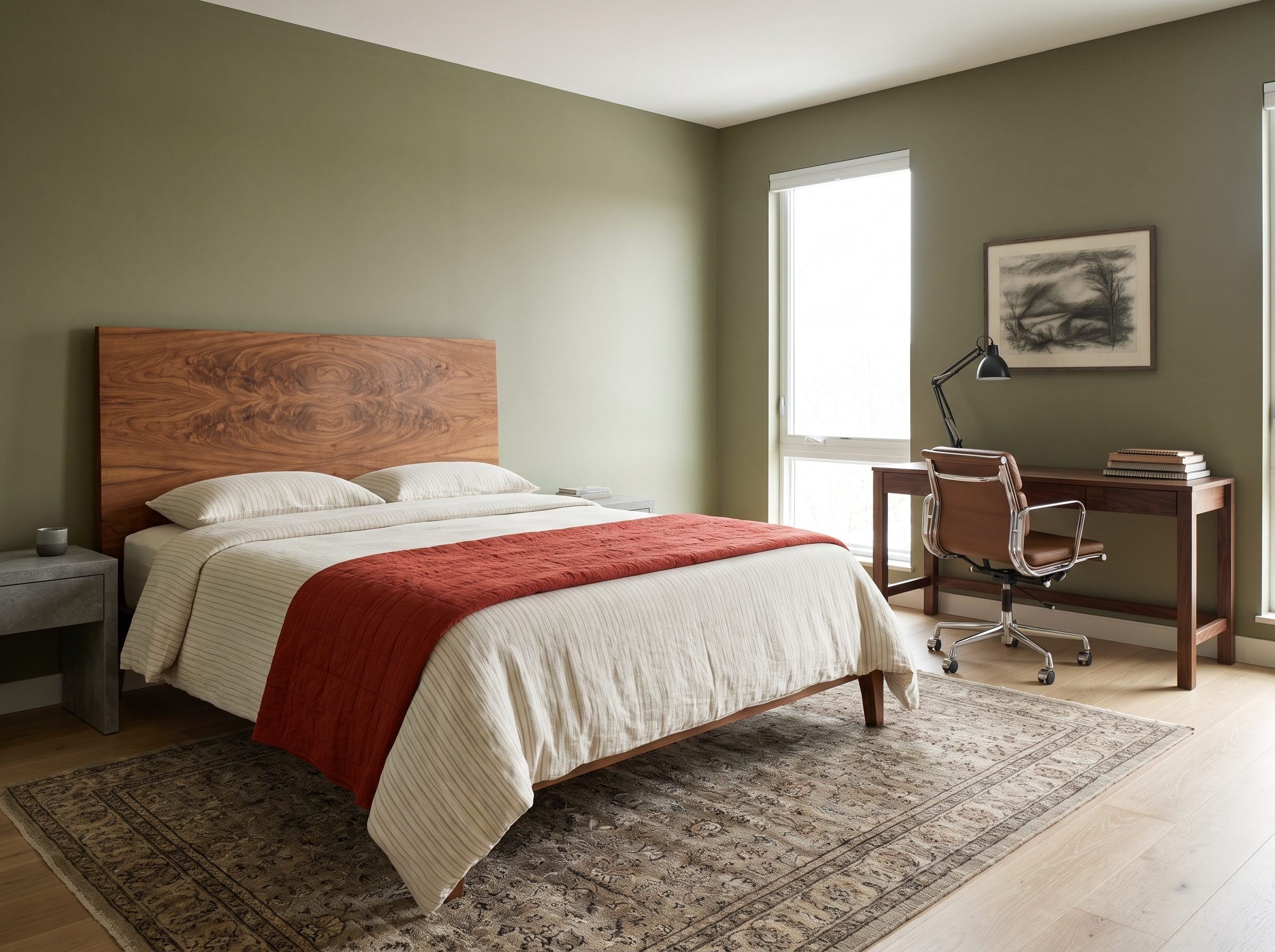 Bedroom with dramatically figured walnut headboard, simpler walnut writing desk, and pale oak flooring