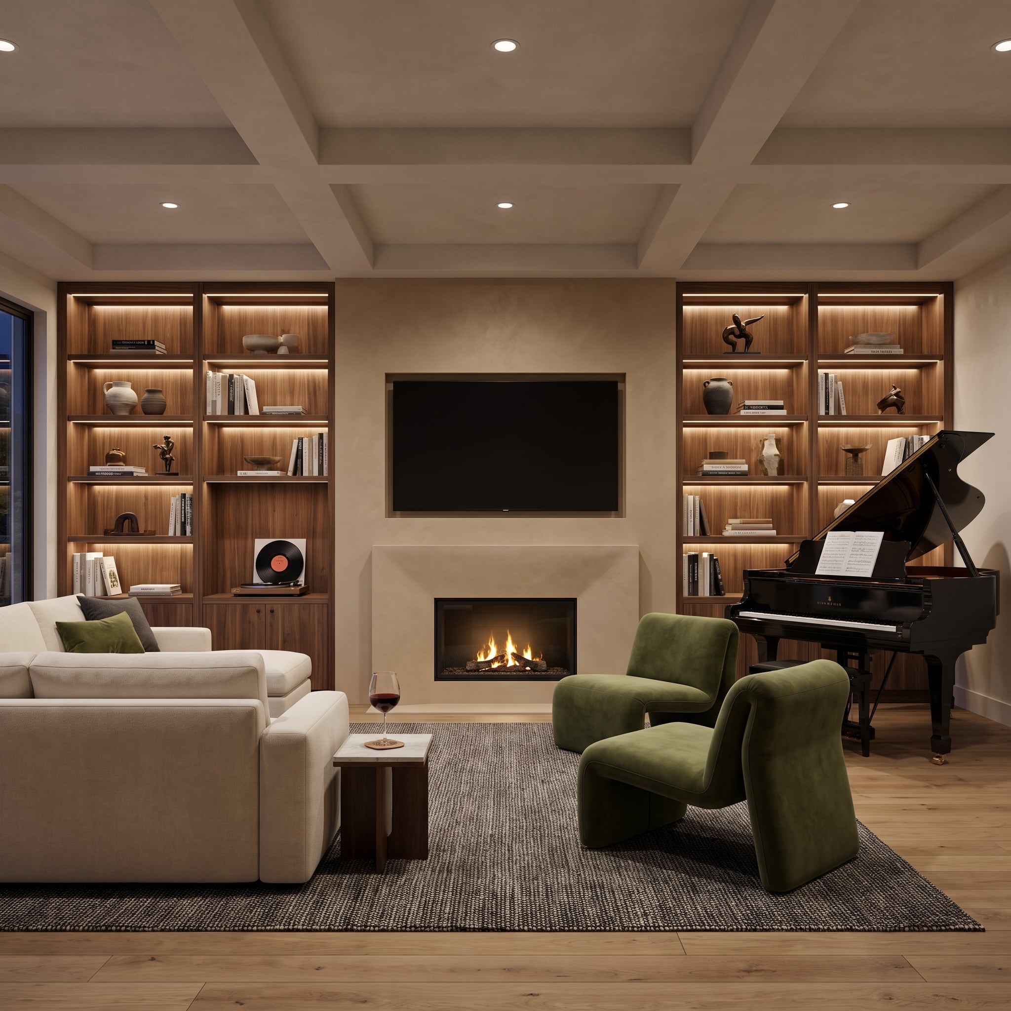 Living room with walnut built-in shelves, plaster fireplace wall, television above linear flames, and two olive green velvet chairs