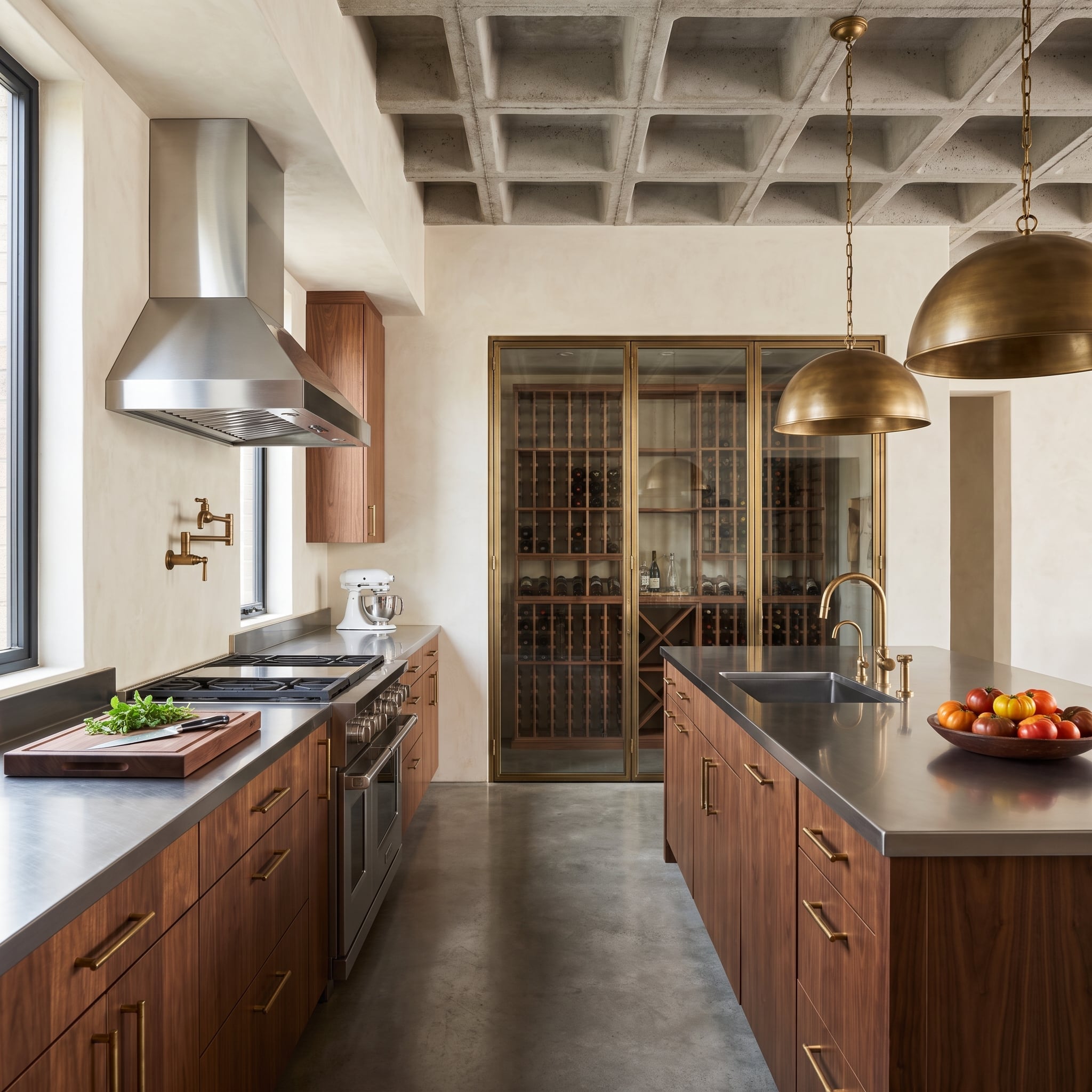 Walnut Cabinets, a Glass Wine Cellar, and Two Metals That Never Compete