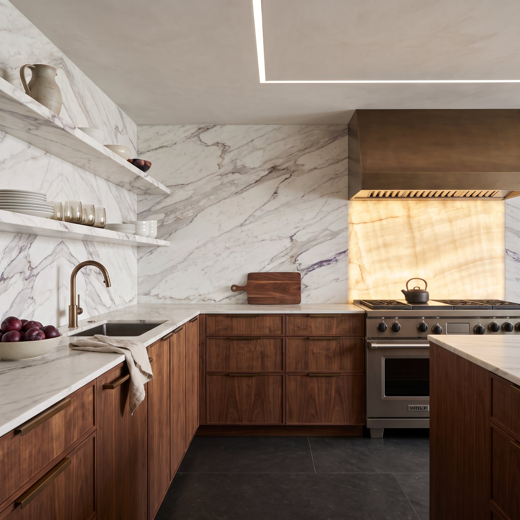 Kitchen with walnut cabinets, marble slab walls, open shelving, and glowing amber stone behind the range