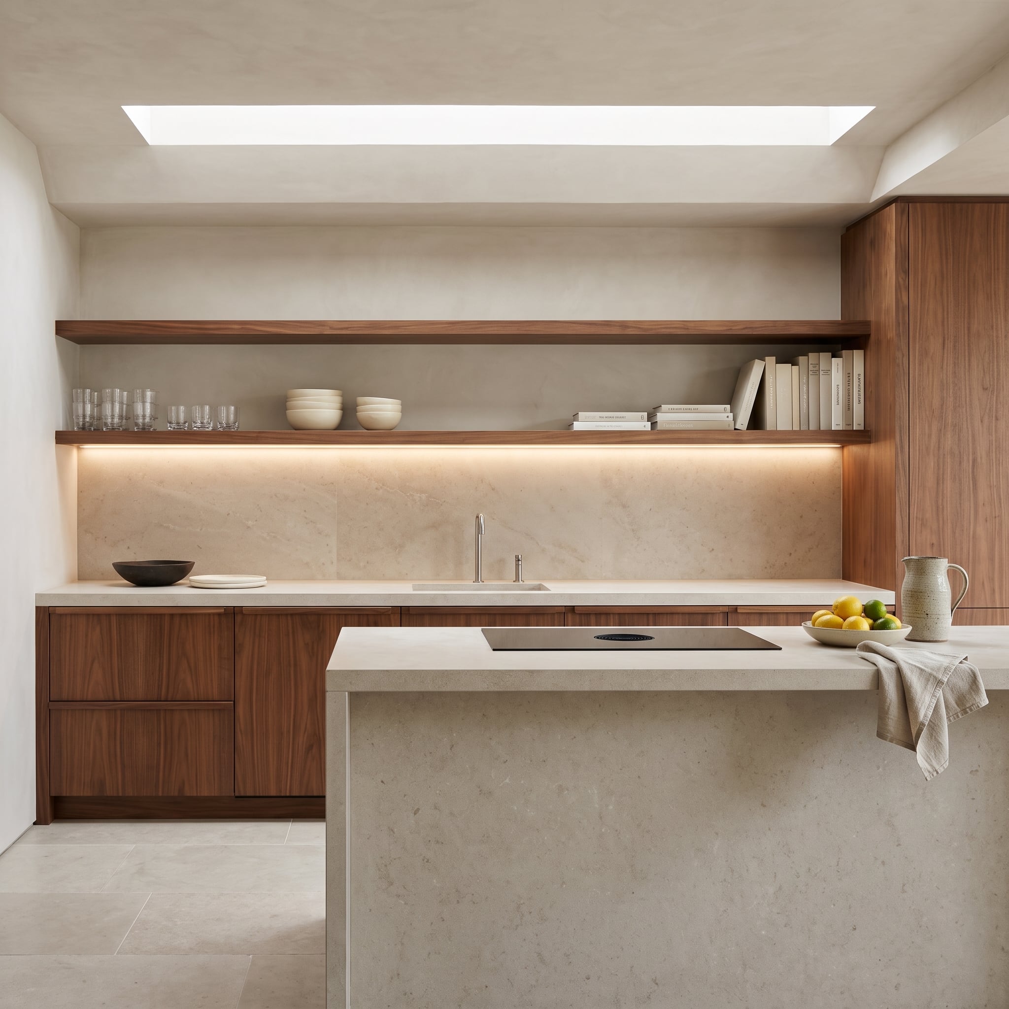 Warm walnut kitchen with stone countertops, marble backsplash, floating shelves, and under-shelf lighting