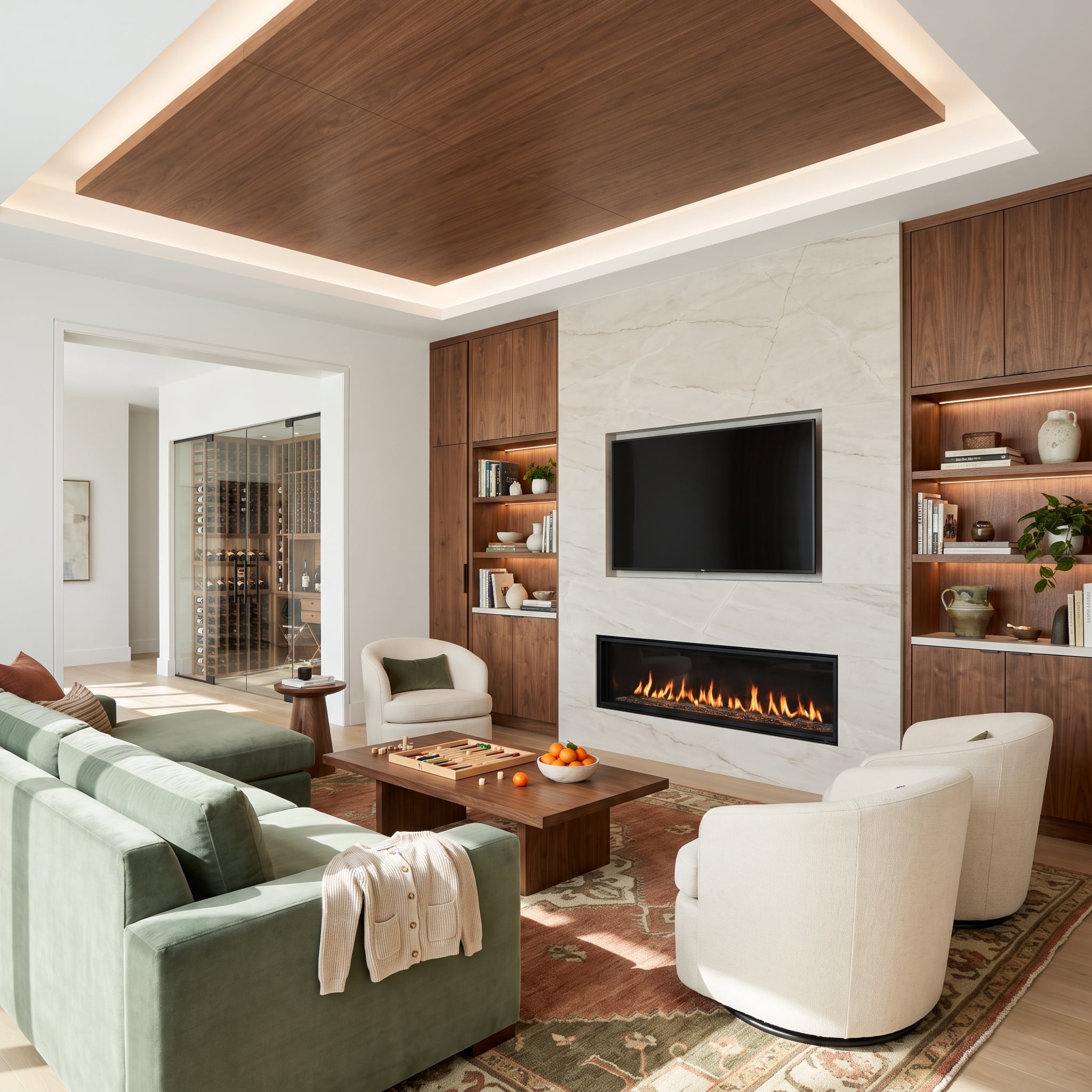 Living room with veined white marble fireplace surround, integrated television, linear flames, and illuminated walnut ceiling inset