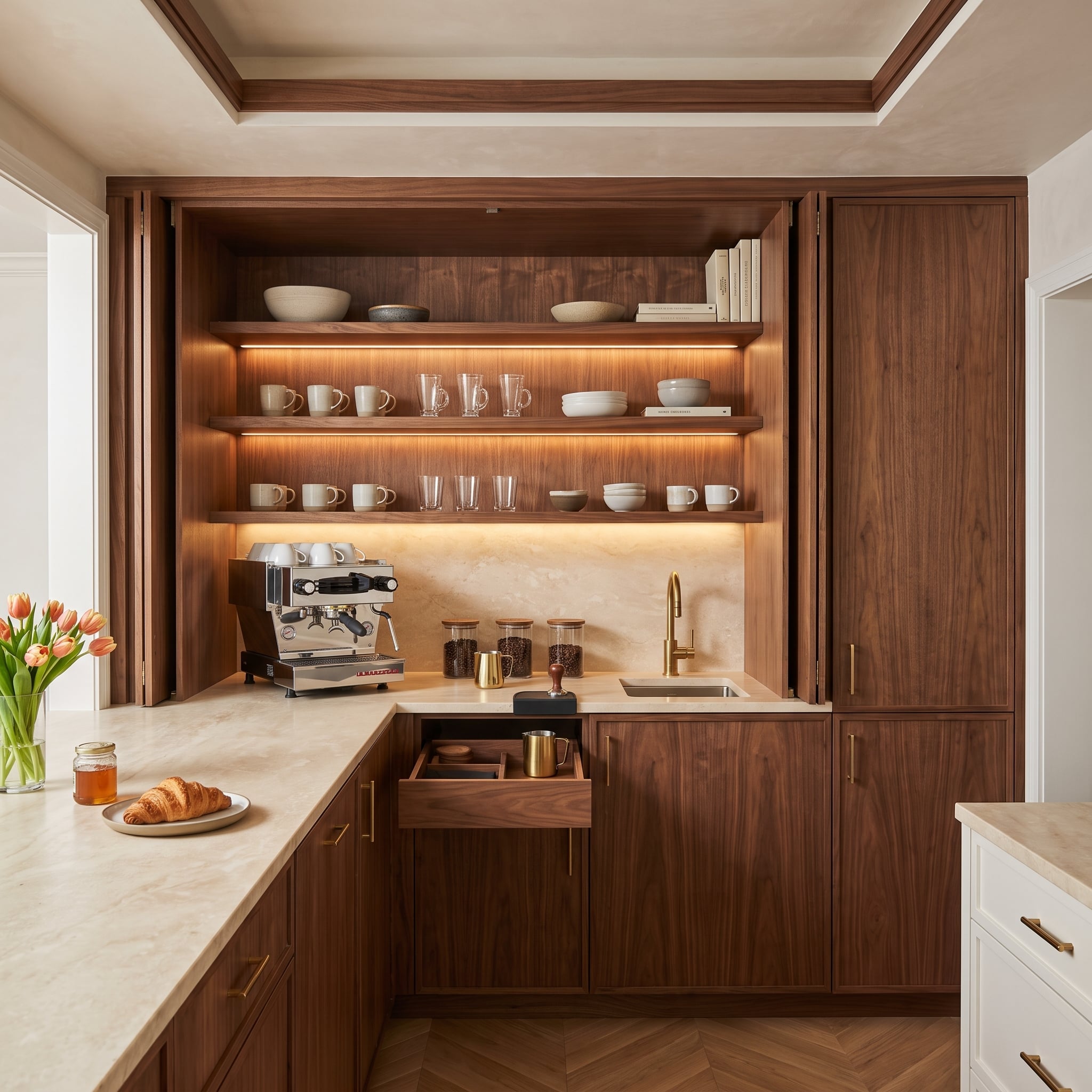 Built-in walnut coffee station with illuminated shelves, espresso machine, mugs, glassware, and sink