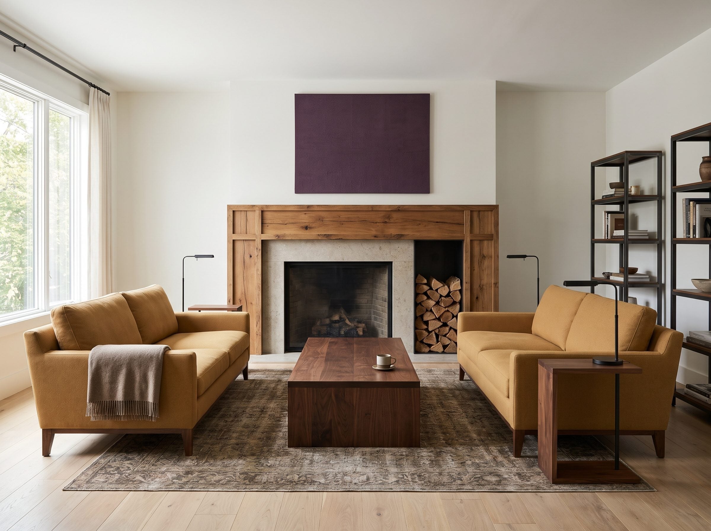 Living room with walnut slab coffee table, rustic pine fireplace mantel, amber linen sofas, and concrete hearth