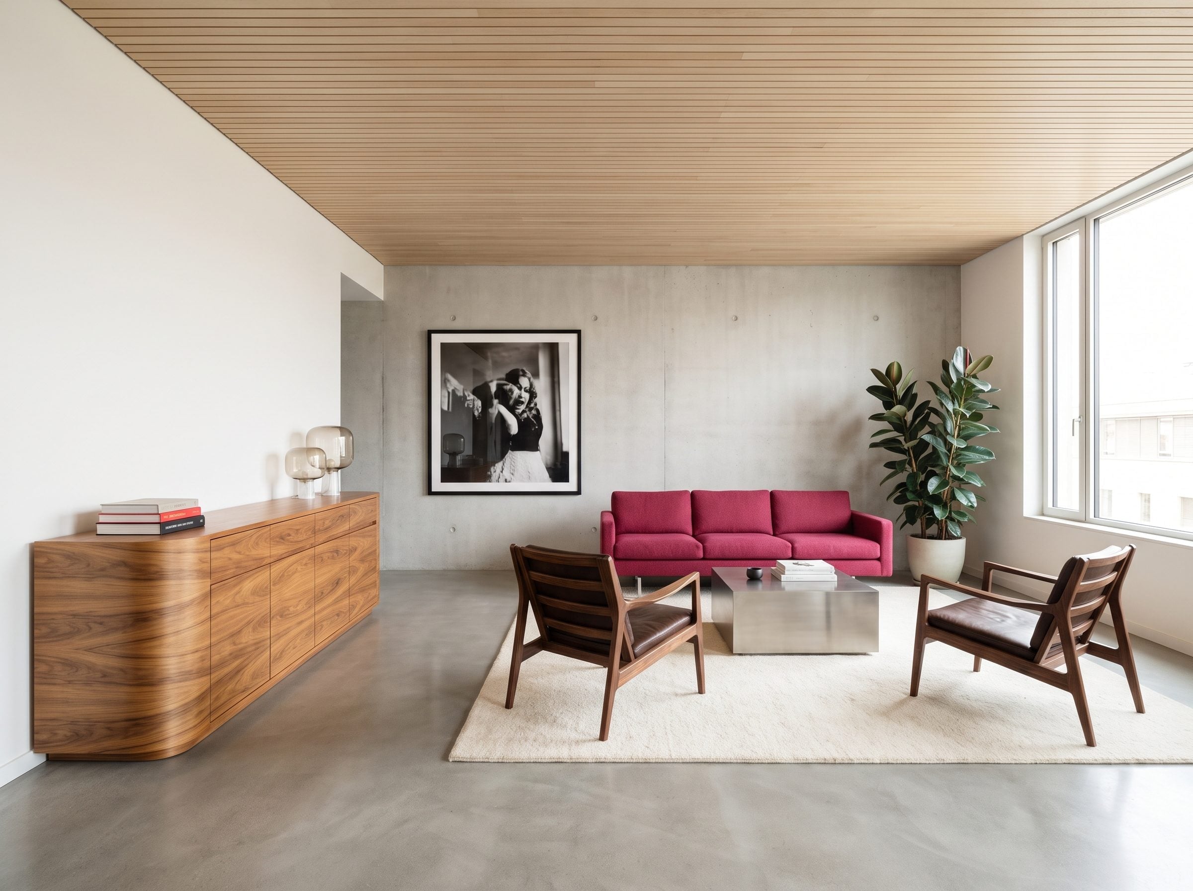 Contemporary living room with walnut credenza, concrete flooring, magenta sofa, and lighter wood ceiling