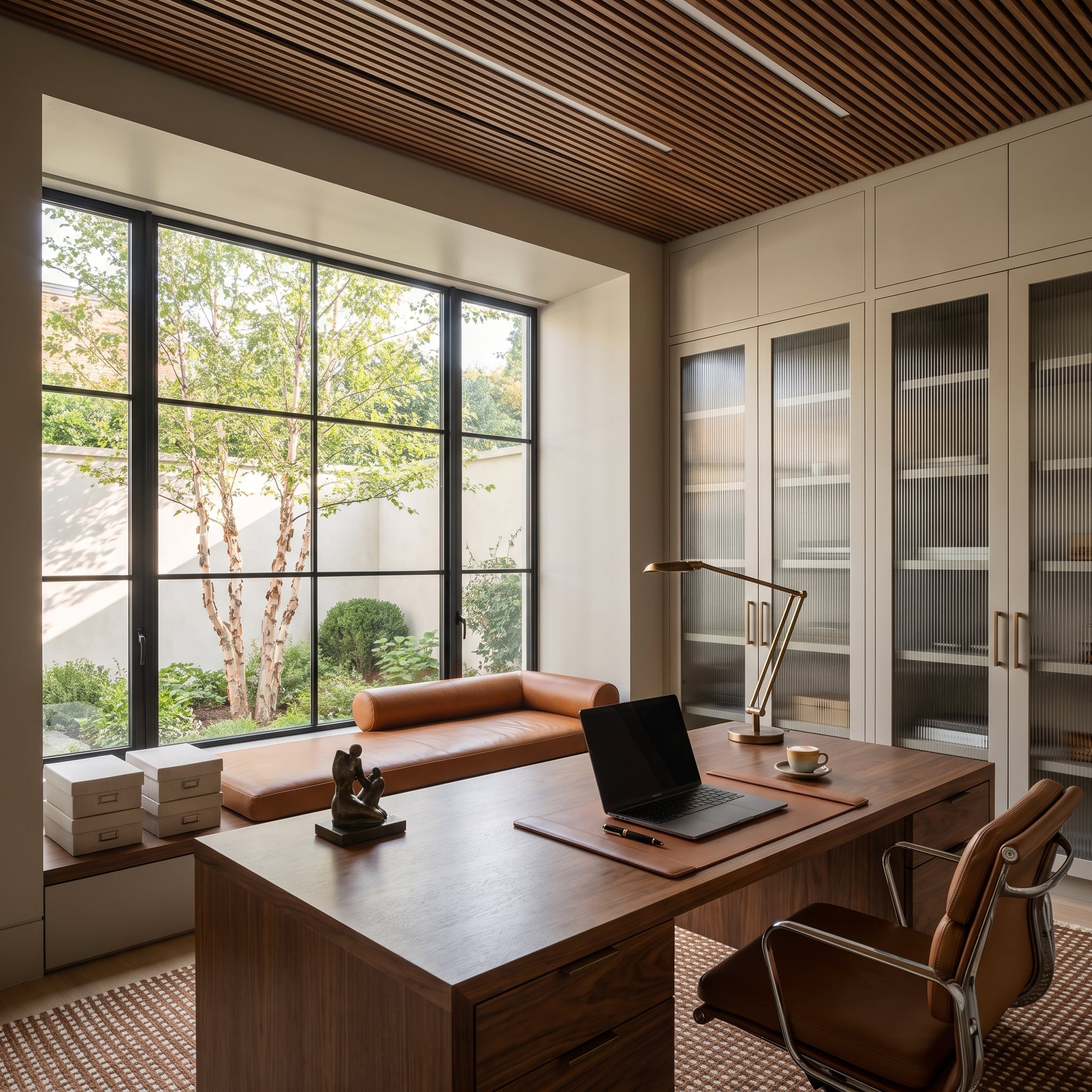 Contemporary home office with walnut desk, slatted wood ceiling and black-framed courtyard windows