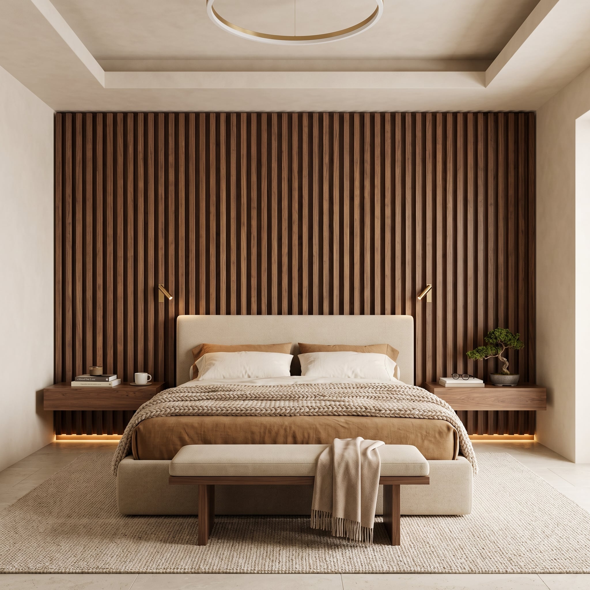 Walnut slat bedroom accent wall with floating nightstands and upholstered headboard