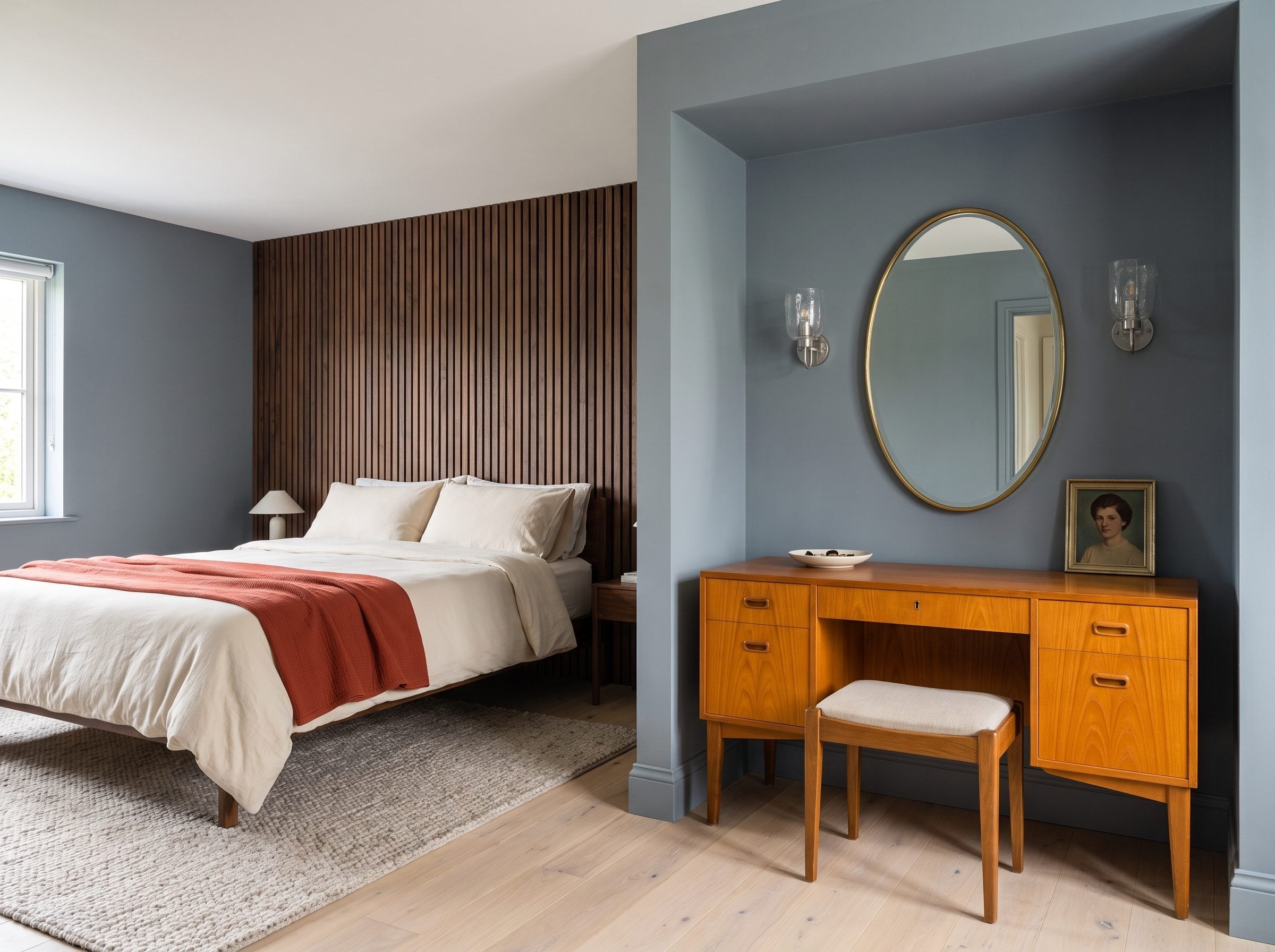 Bedroom with dark walnut slat wall, pale oak flooring, and a warm honey-toned dressing table