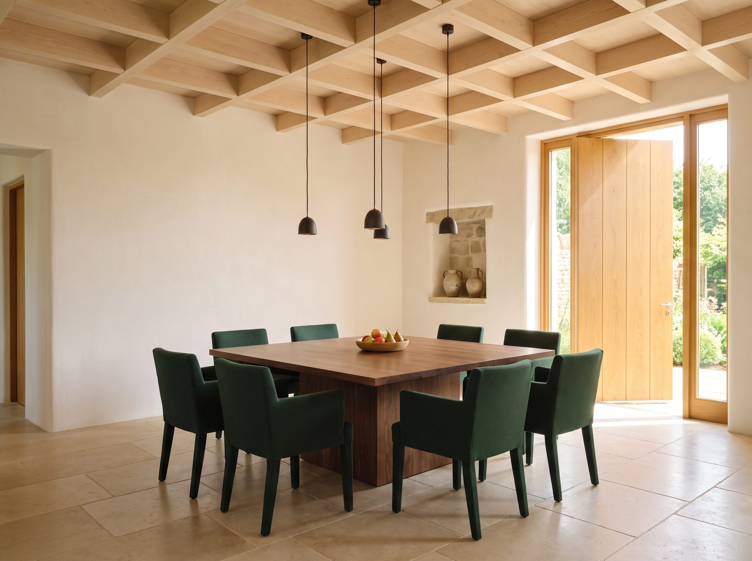 Dining room with dark walnut pedestal table, pale oak coffered ceiling, stone floor, and forest-green chairs