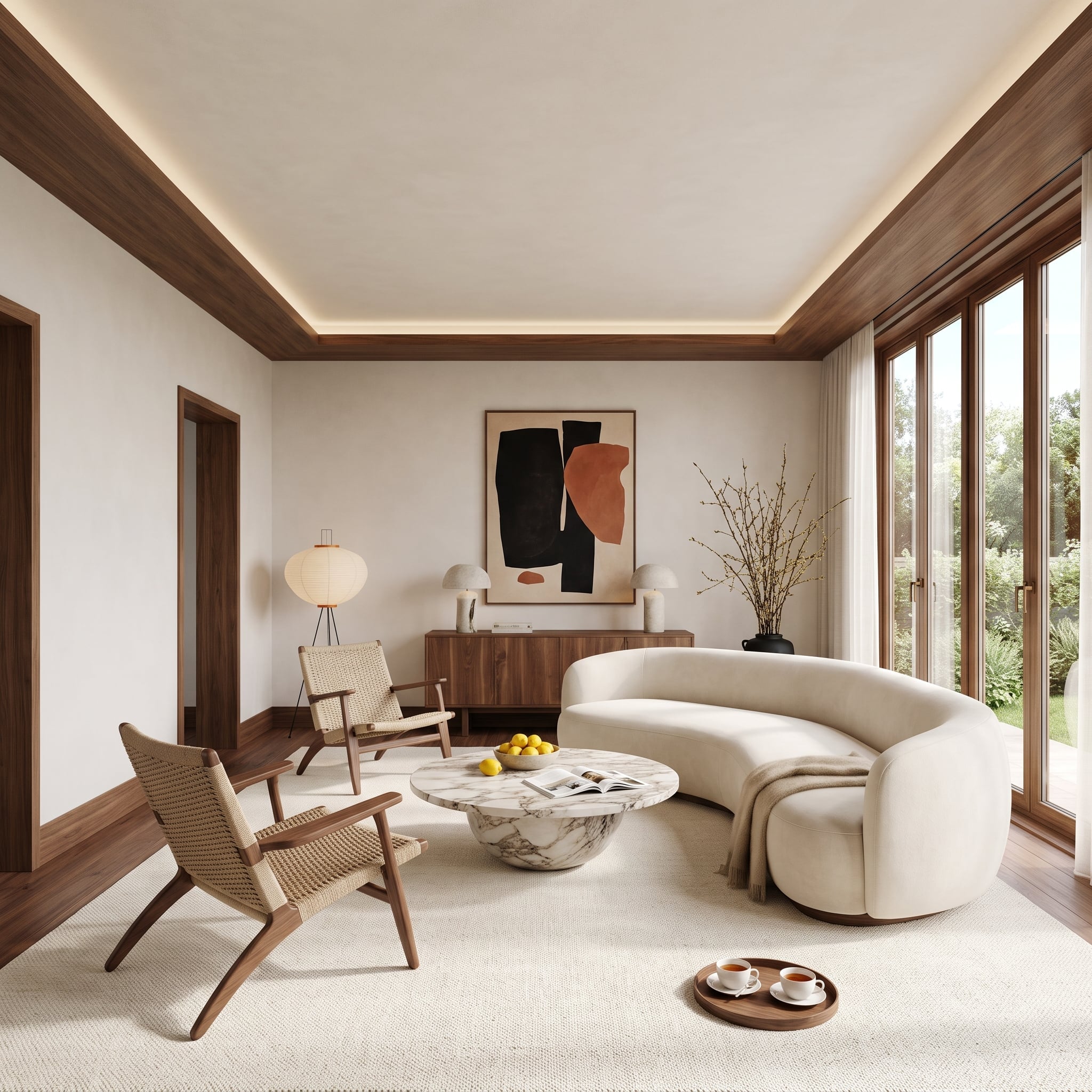 Contemporary living room with walnut crown molding and baseboards, white walls, curved cream sofa, rattan chairs, and marble coffee table