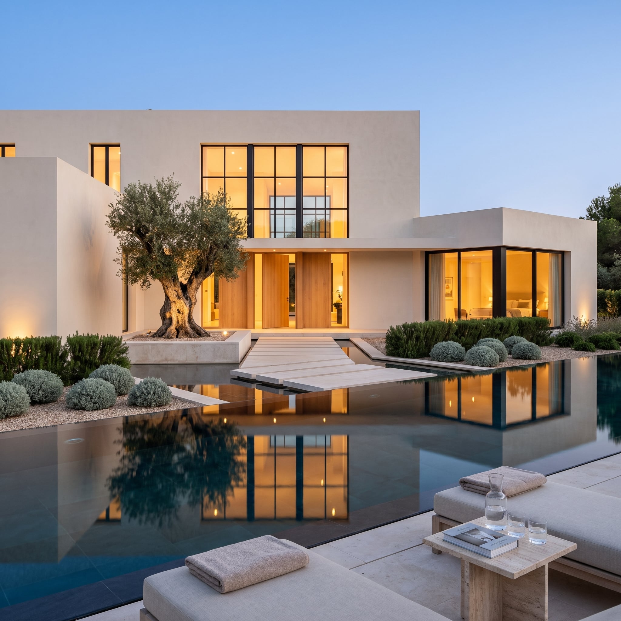 Modern Provençal courtyard with warm limestone, sculptural olive tree, pool and black Crittall-style glazing