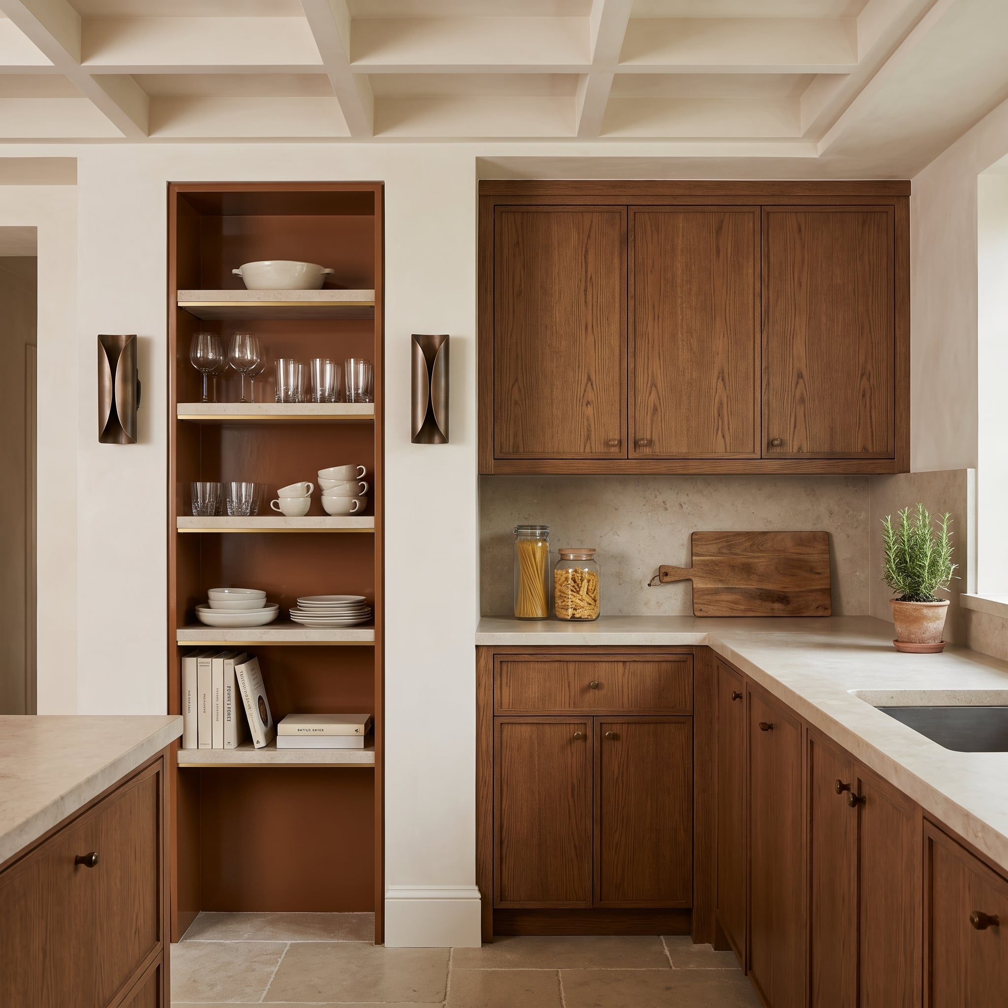 Warm oak kitchen with coffered ceiling and recessed open shelving against a terracotta-colored back wall