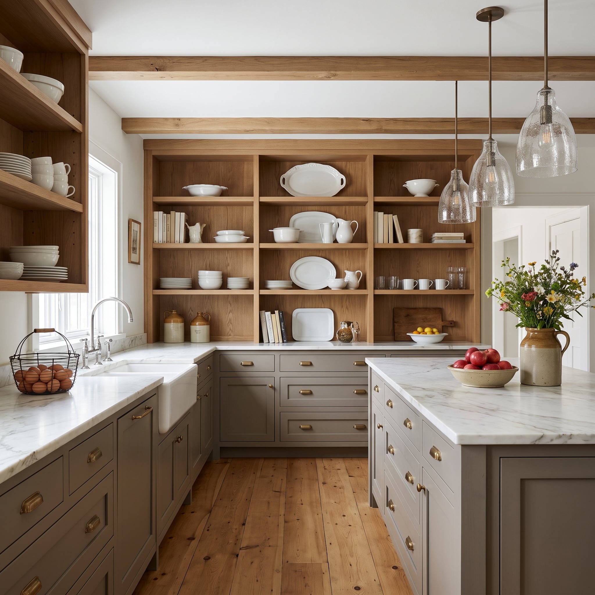 Kitchen with gray-green cabinets, floor-to-ceiling oak shelving, marble counters, and warm wood ceiling details