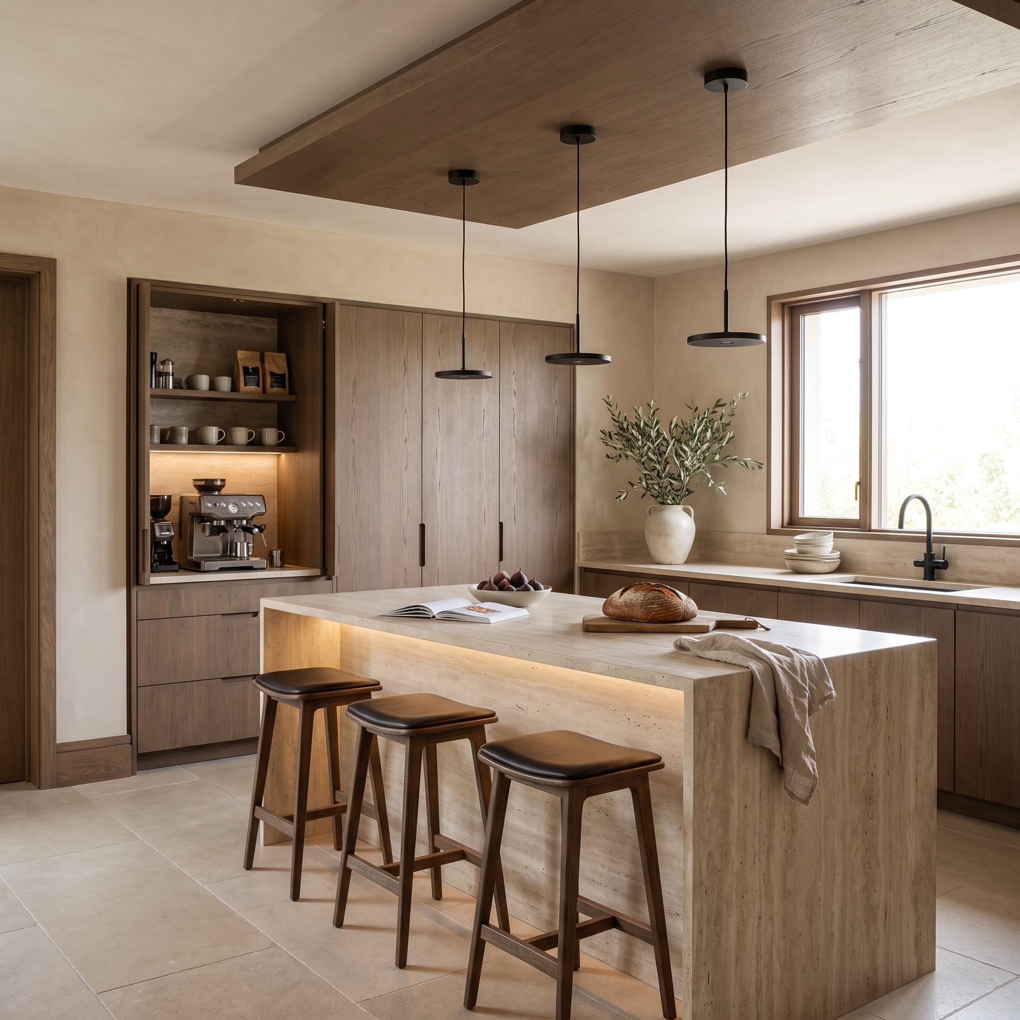 Modern kitchen with floor-to-ceiling oak millwork, built-in coffee niche, travertine island, limestone flooring, and black pendants