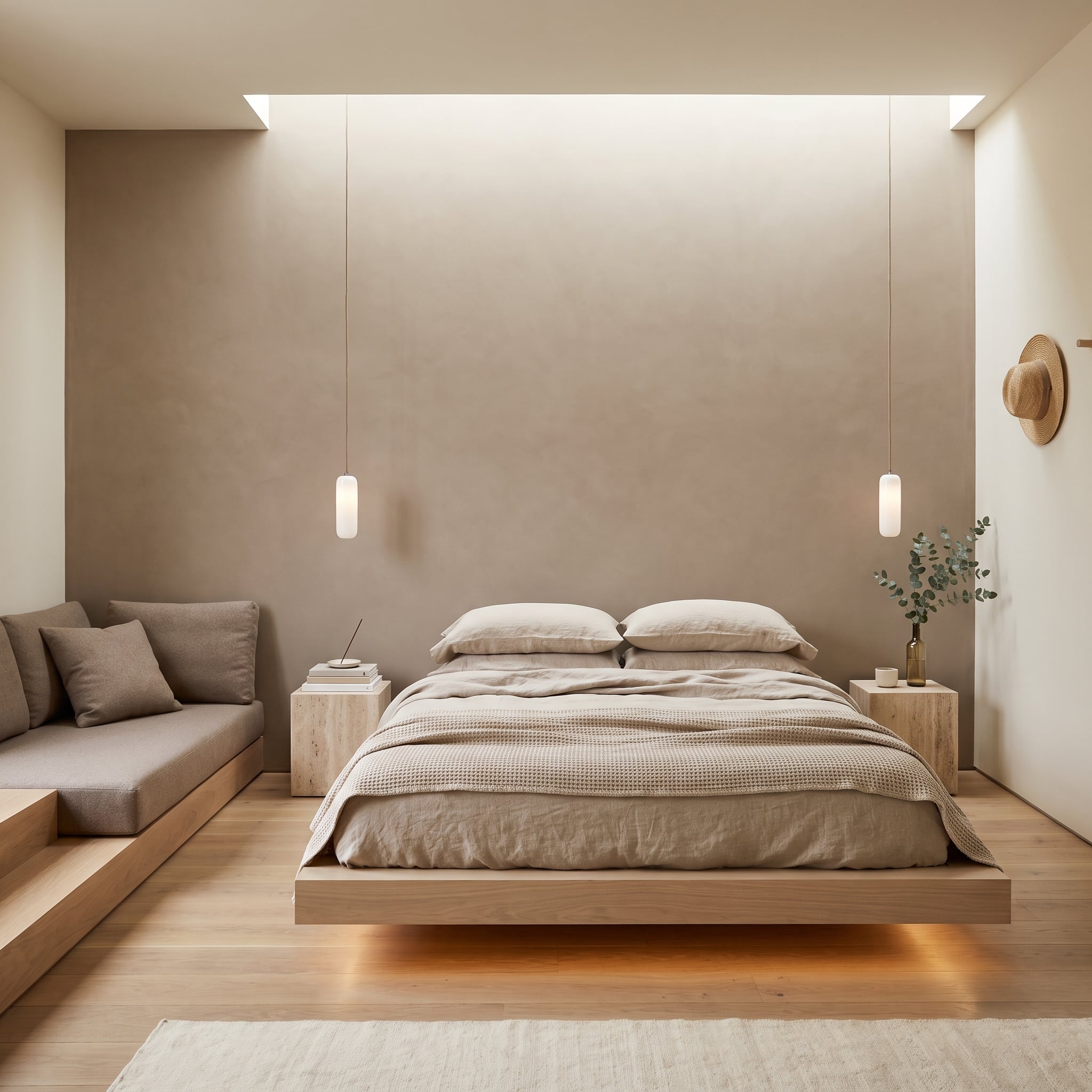 Warm plaster bedroom accent wall with low floating platform bed and pendant lights