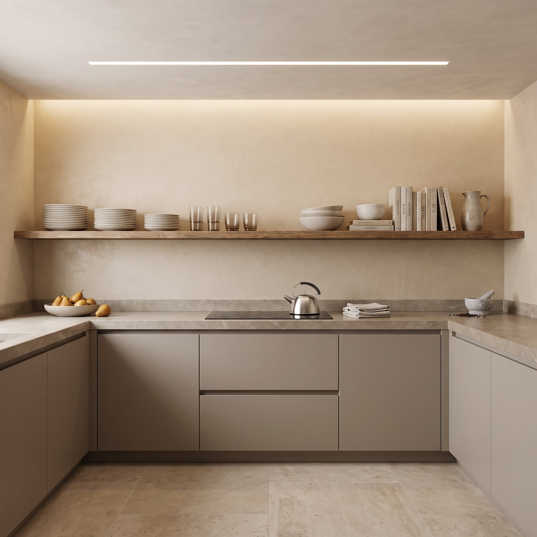 Minimal kitchen with warm plaster walls, raw-edge walnut shelf, recessed lighting, and greige cabinets