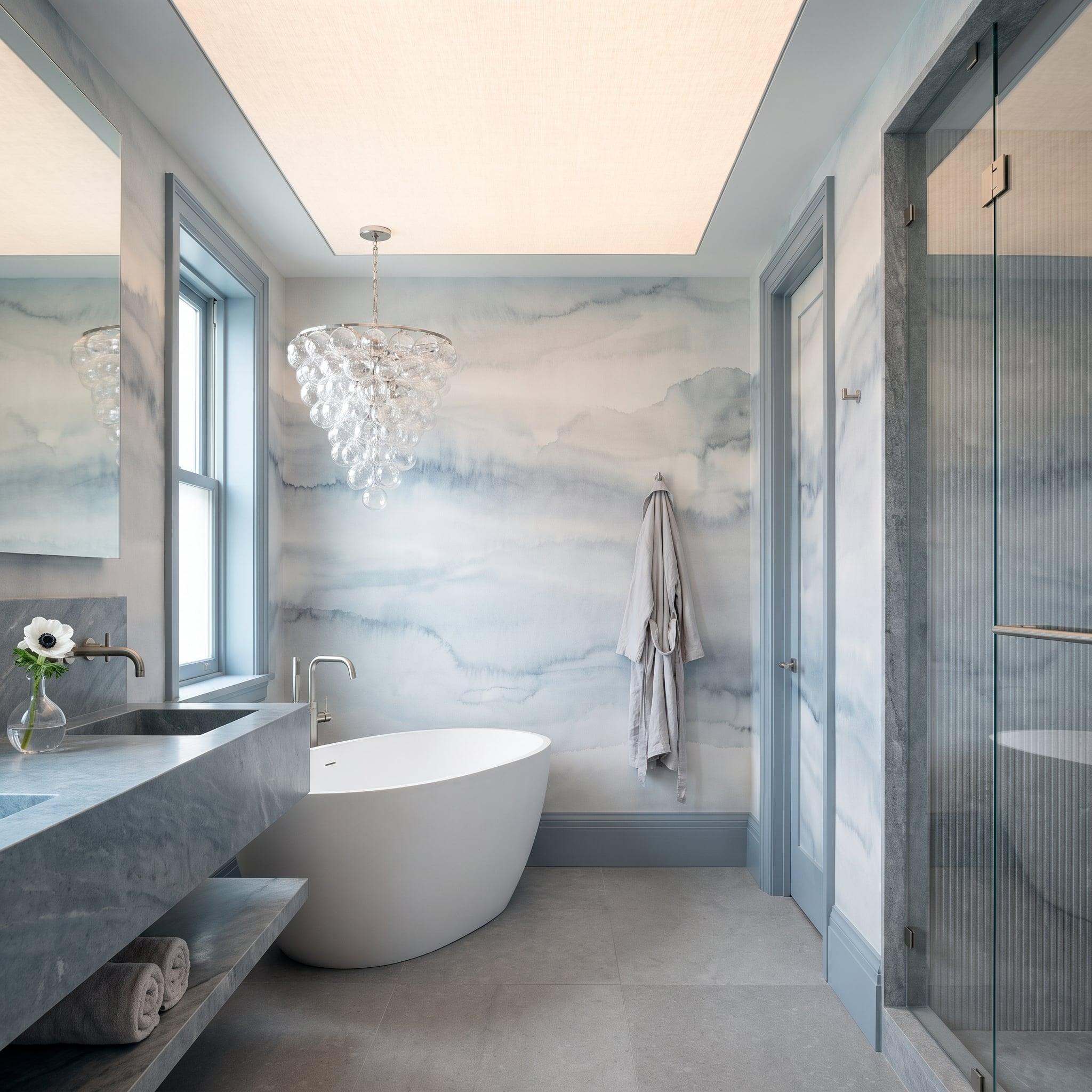 Watercolor Wallpaper, a Bubble Chandelier, and Blue Trim That Commits Completely