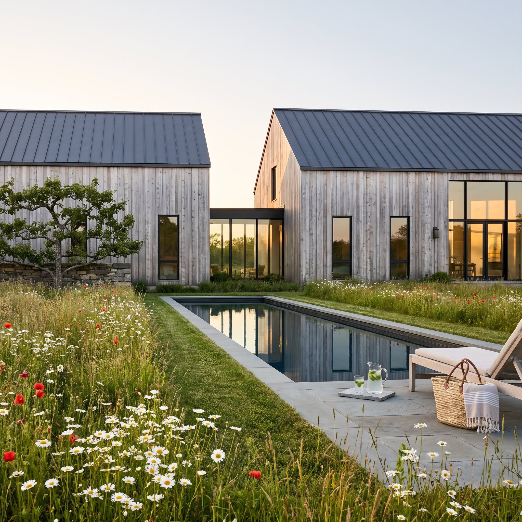 Contemporary farmhouse compound with weathered cedar, black-framed windows, wildflower meadow and lap pool