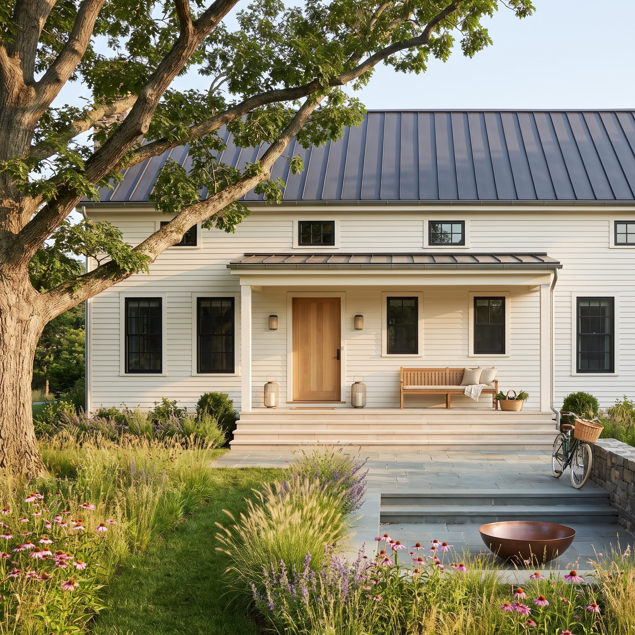 Modern farmhouse with white lap siding, charcoal standing-seam roof, black windows and oak entry door