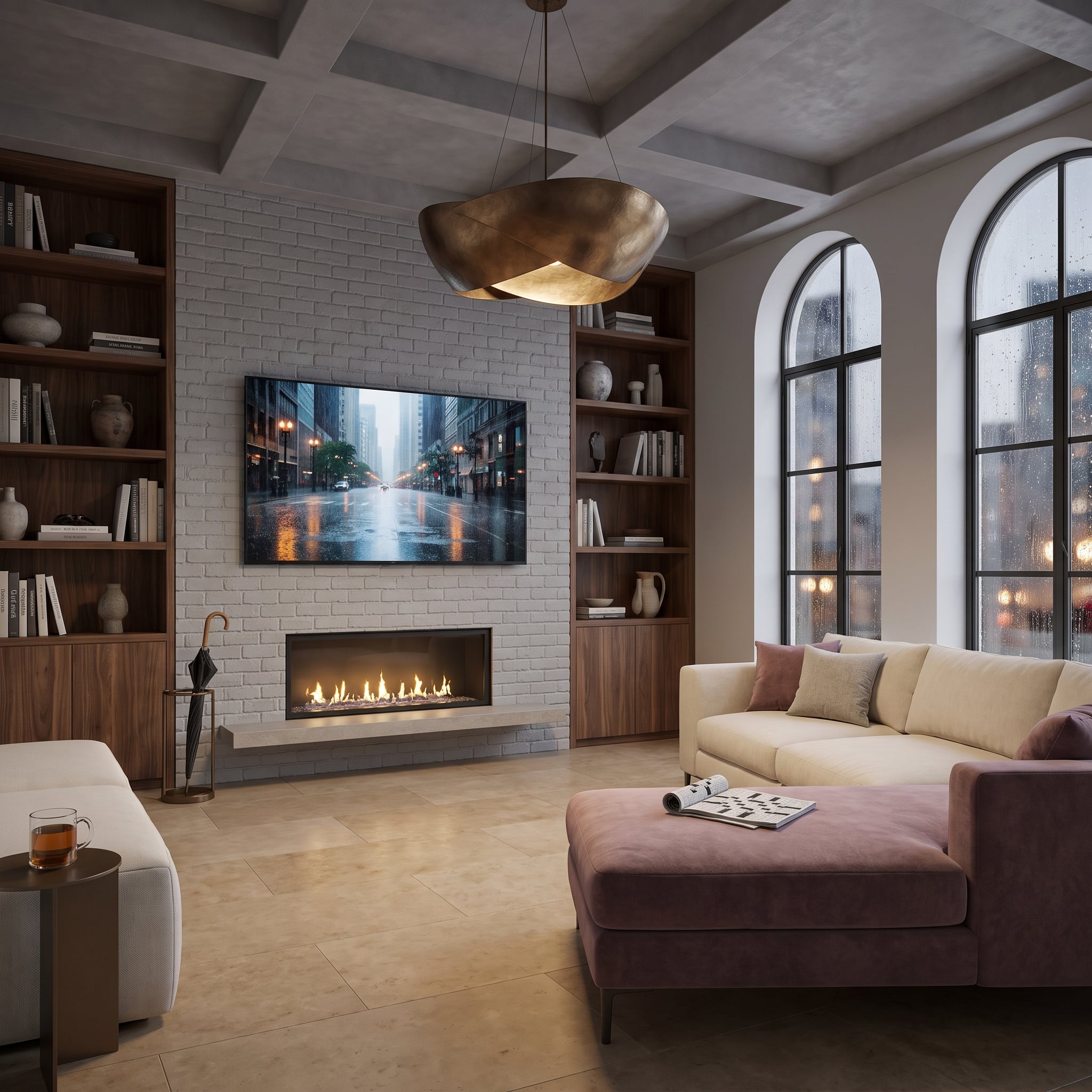 Whitewashed brick fireplace wall with television above linear flames, walnut built-in cabinets, and warm upholstered seating