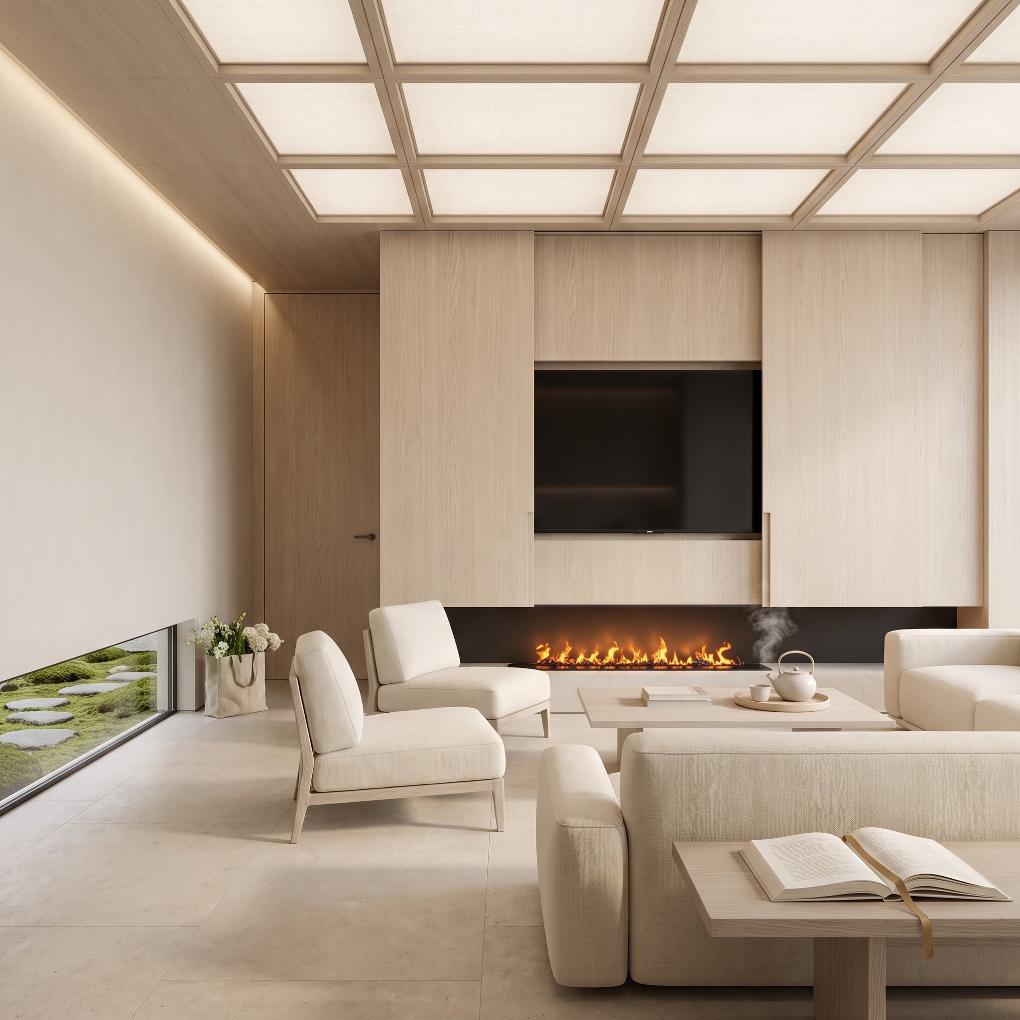 Light oak-paneled living room with integrated television, low linear fireplace, and luminous gridded ceiling