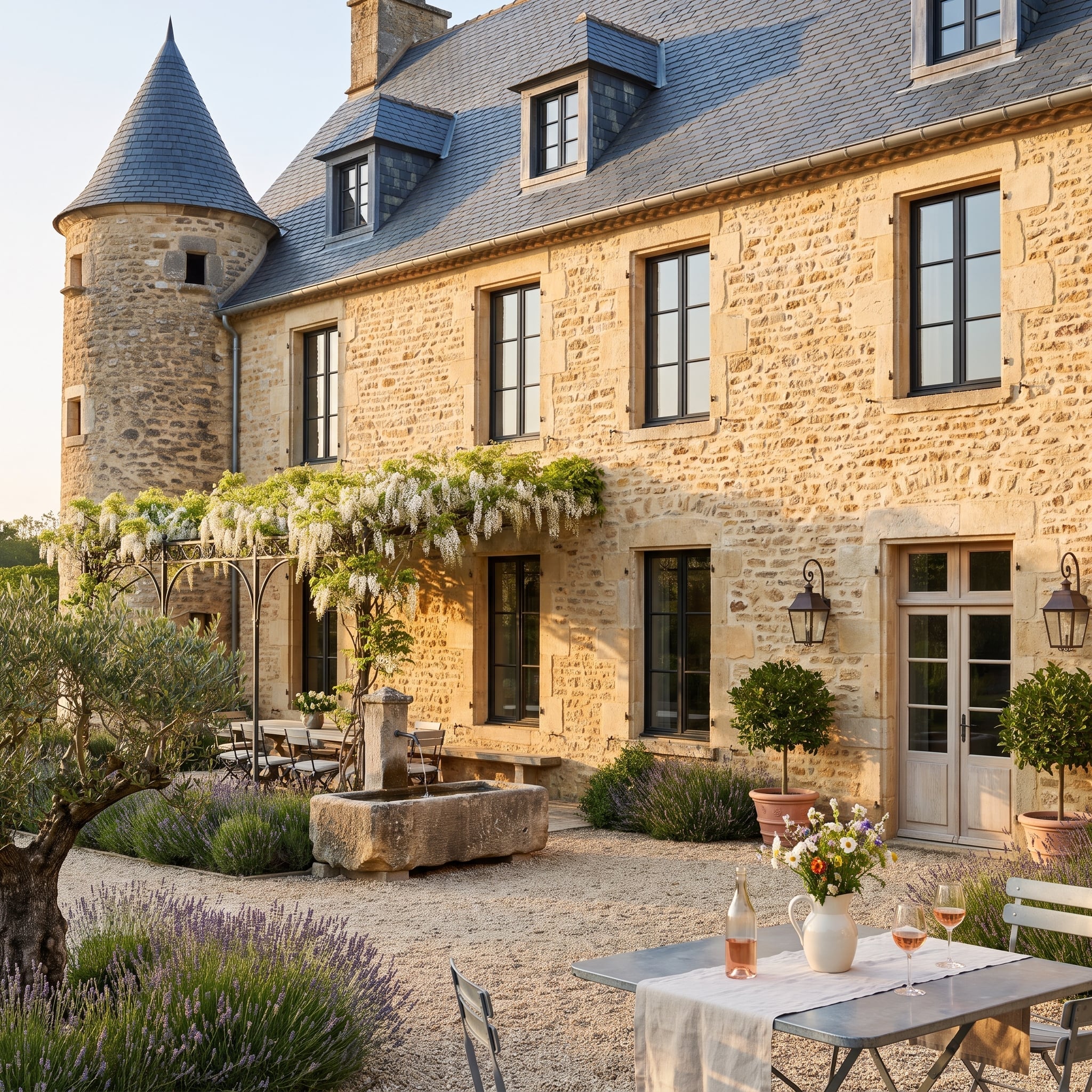 French manor-inspired limestone house with conical tower, black windows and white wisteria