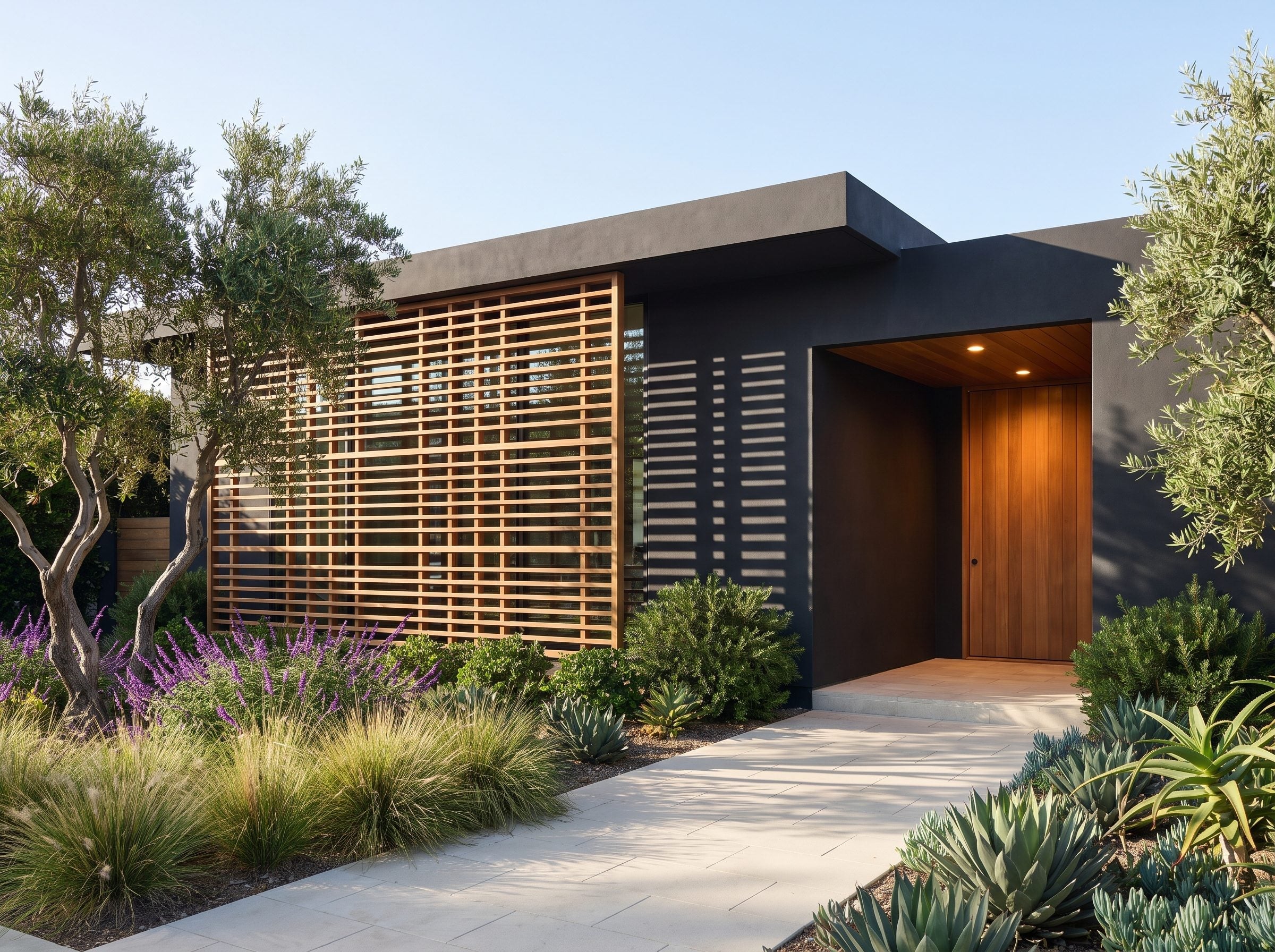 Charcoal stucco house with a full-height cedar lattice screen and dry-climate-style planting