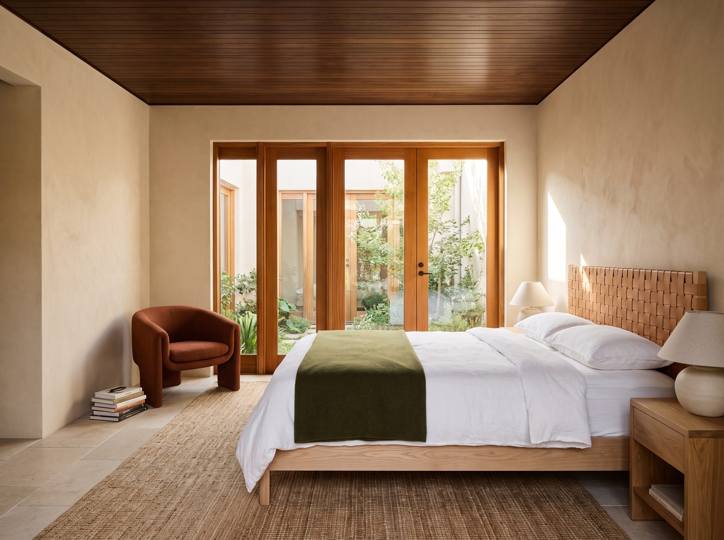 Bedroom with dark walnut ceiling, natural oak bed frame, woven leather headboard, jute rug, and terracotta chair