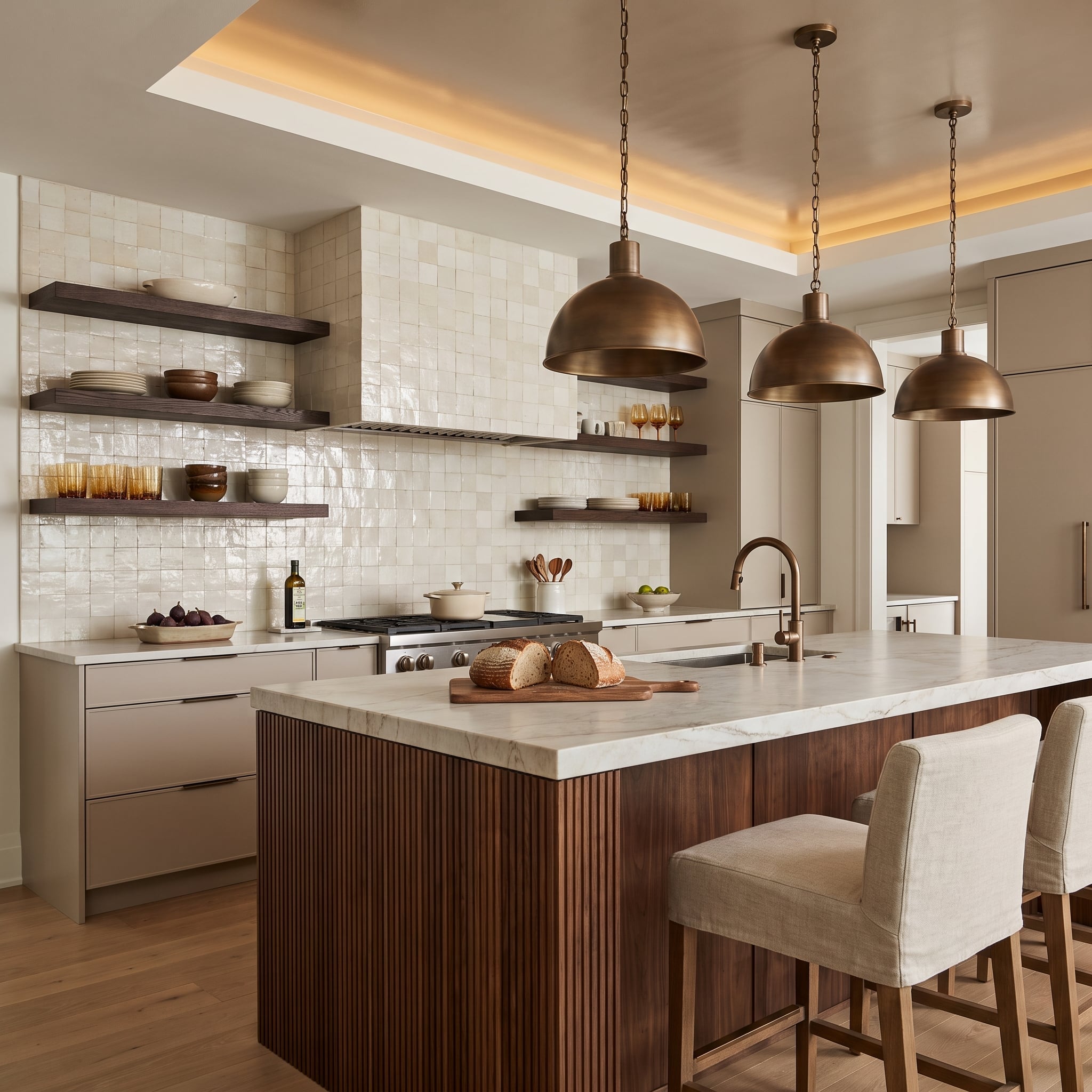 Kitchen with fluted walnut island, marble countertop, glazed tile backsplash, dark shelves, and brass dome pendants