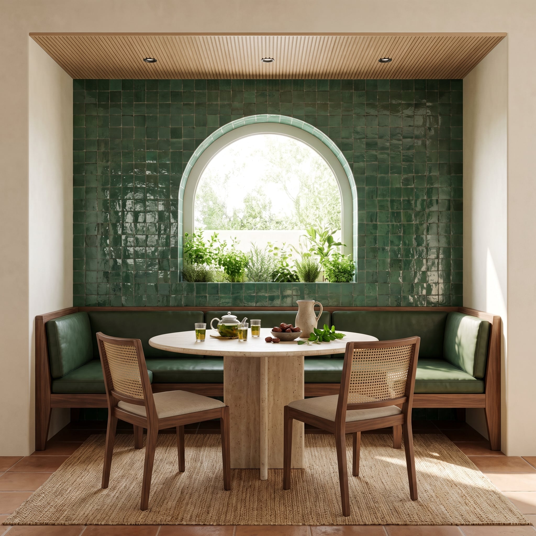 Forest-green zellige tile accent wall surrounding arched breakfast nook window