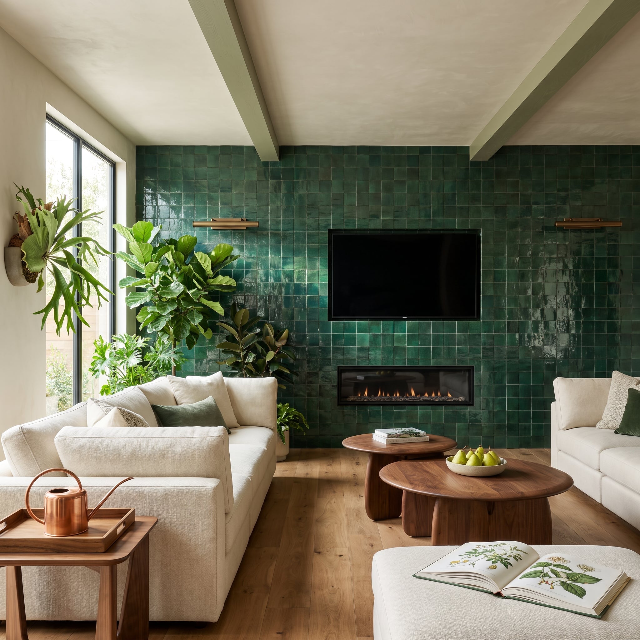 Emerald green zellige fireplace wall with television above a linear gas fireplace and exposed ceiling beams